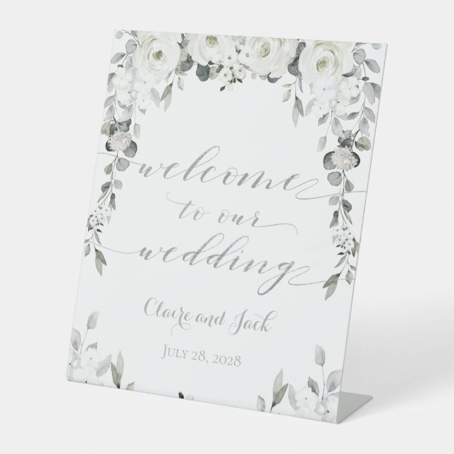 White Peony Silver Greenery Welcome To Our Wedding Pedestal Sign (Front)
