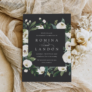 White Peony   Square Floral Frame Wedding Invitation