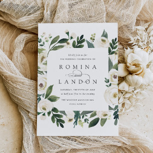 White Peony Square Floral Frame Wedding Invitation