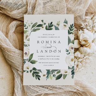 White Peony   Square Floral Frame Wedding Invitation