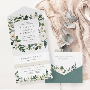 White Peony   Watercolor Floral Frame Wedding All In One Invitation