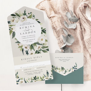 White Peony   Watercolor Floral Frame Wedding All In One Invitation