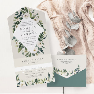 White Peony   Watercolor Floral Frame Wedding All In One Invitation