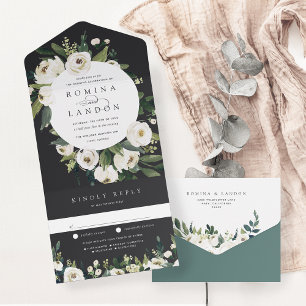 White Peony   Watercolor Floral Frame Wedding All In One Invitation