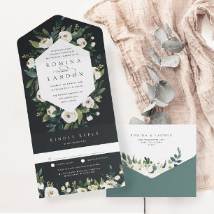 White Peony   Watercolor Floral Frame Wedding All In One Invitation
