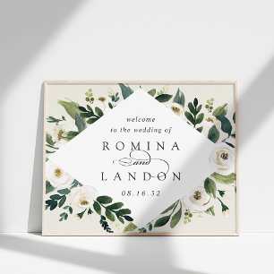 White Peony Watercolor Floral Wedding Welcome Poster