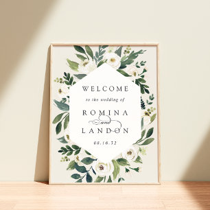 White Peony Watercolor Floral Wedding Welcome Poster