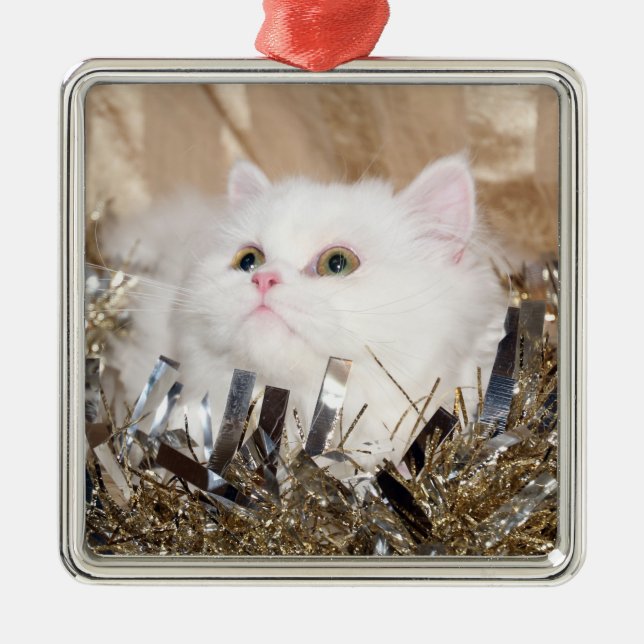 White Persian cat Christmas Metal Ornament (Front)