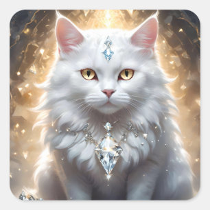 White Persian Cat Her Highness Lady Fluffyton, Square Sticker