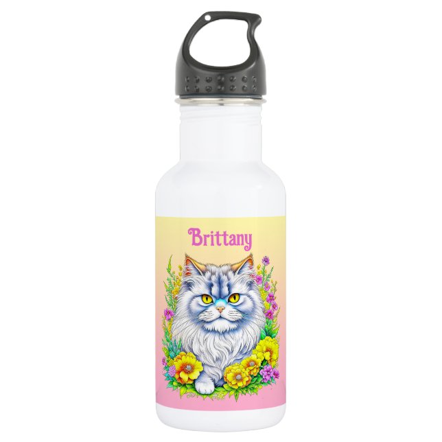 White Persian Cat in Flowers Personalized 532 Ml Water Bottle (Front)