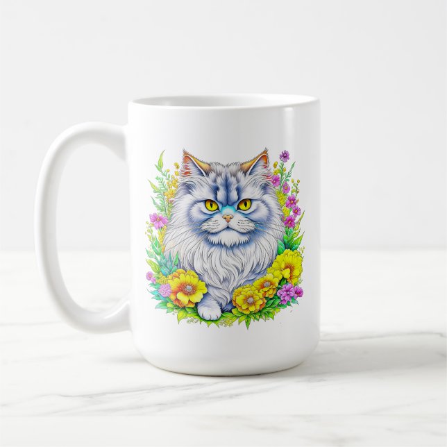White Persian Cat in Flowers Personalized Coffee Mug (Left)