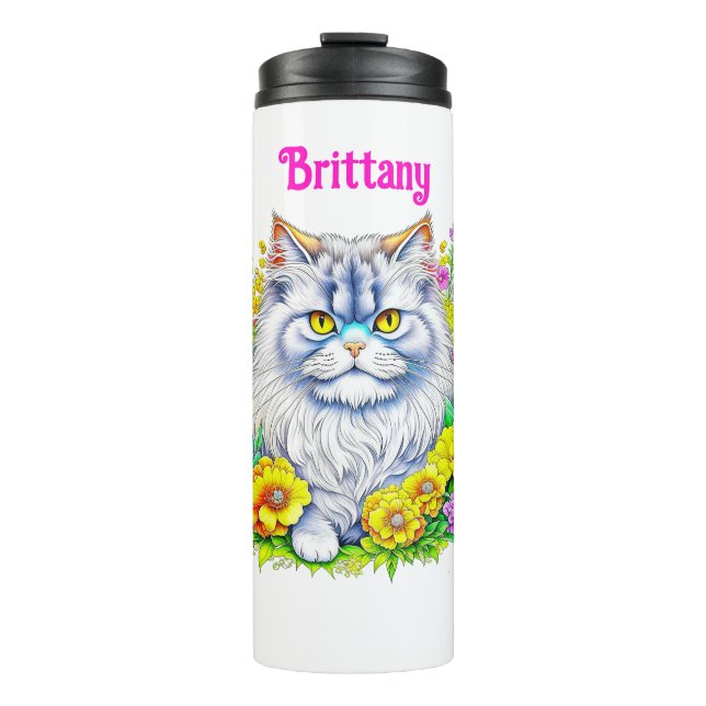 White Persian Cat in Flowers Personalized Thermal Tumbler (Front)
