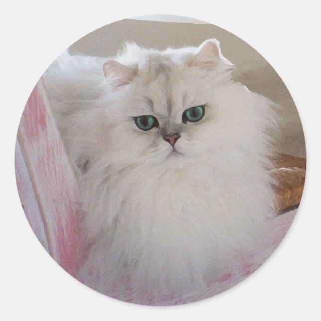 White Persian Cat on a Pink Chair Classic Round Sticker (Front)