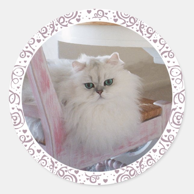 White Persian Cat on a Pink Chair Classic Round Sticker (Front)