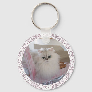 White Persian Cat on a Pink Chair Keychain
