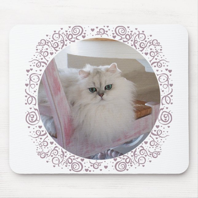 White Persian Cat on a Pink Chair Mouse Pad (Front)