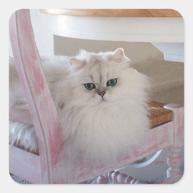 White Persian Cat on a Pink Chair Square Sticker (Front)
