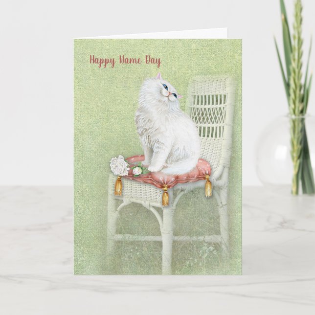 white Persian cat on chair Name Day Card (Front)
