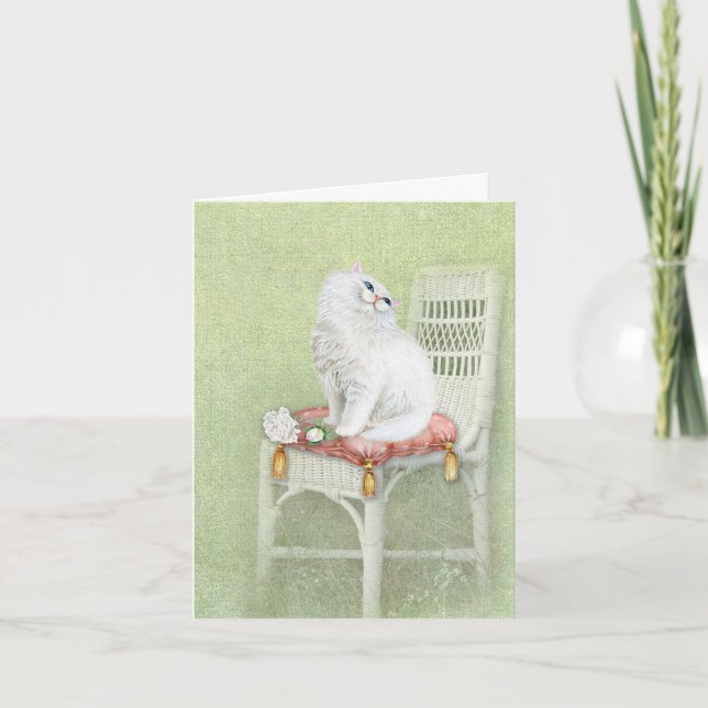white Persian cat on chair notecard (Front)