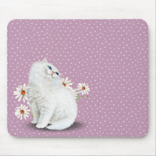 white Persian cat on pin dot pattern Mouse Pad