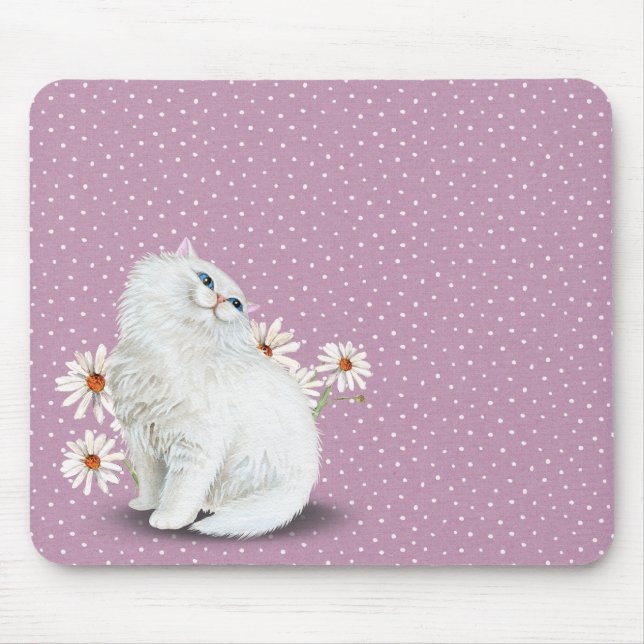 white Persian cat on pin dot pattern Mouse Pad (Front)