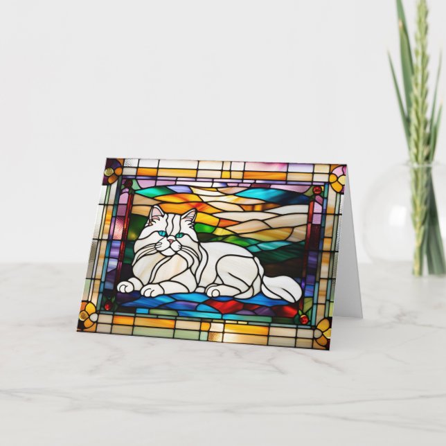 White Persian Cat Stained Glass Card (Front)