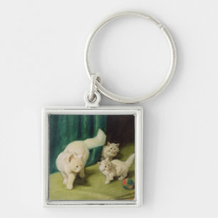 White Persian Cat with Two Kittens Keychain