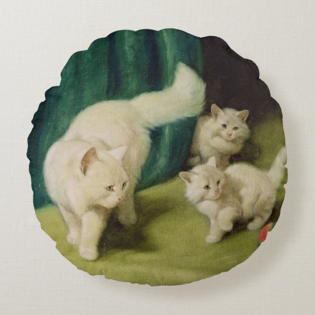 White Persian Cat with Two Kittens Round Pillow (Front)