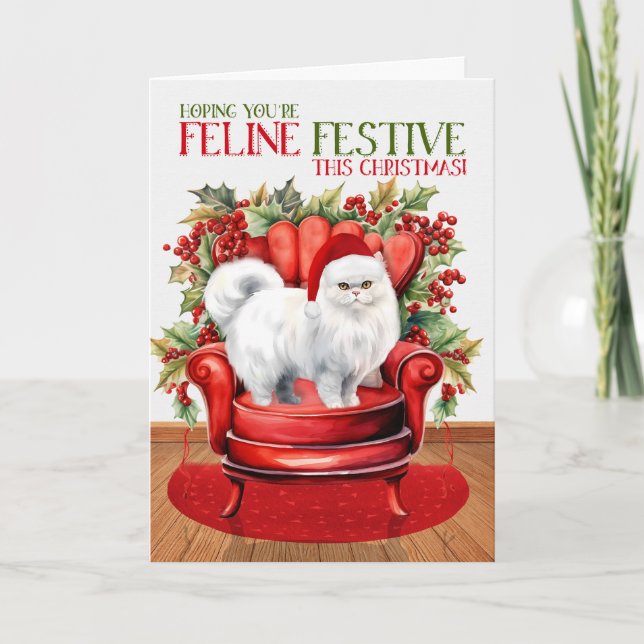 White Persian Christmas Cat FELINE Festive Holiday Card (Front)