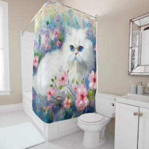 White Persian Kitty Cat Blue Eyes in Pink Flowers