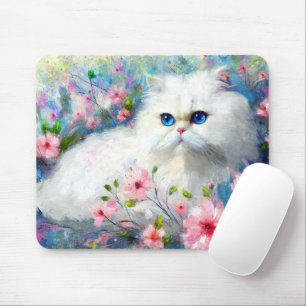 White Persian Kitty Cat Blue Eyes in Pink Flowers Mouse Pad