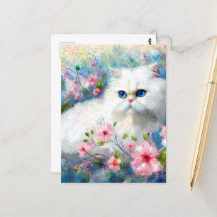 White Persian Kitty Cat Blue Eyes in Pink Flowers Postcard