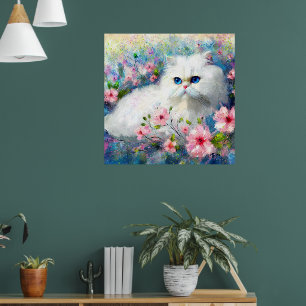 White Persian Kitty Cat Blue Eyes in Pink Flowers Poster