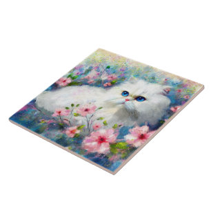 White Persian Kitty Cat Blue Eyes in Pink Flowers Tile