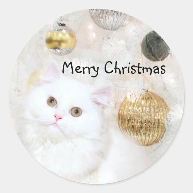 White persian kitty Christmas Classic Round Sticker (Front)