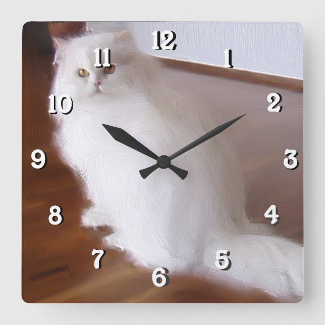 White Persian square cat  clock (Front)