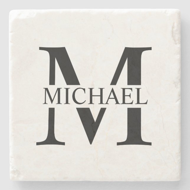 White Personalized Monogram and Name Stone Coaster (Front)