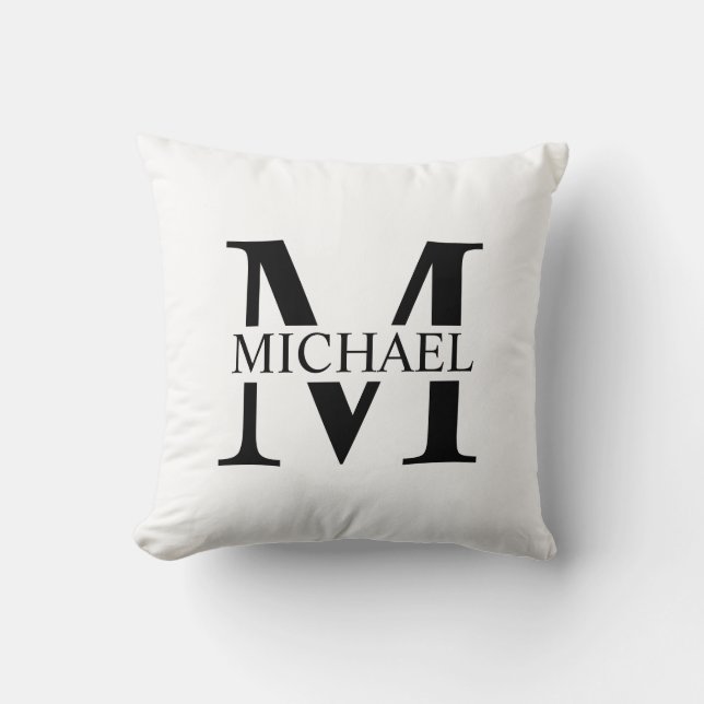 White Personalized Monogram and Name Throw Pillow (Front)