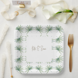 White Personalized Names Tropical Palm Wedding Paper Plate