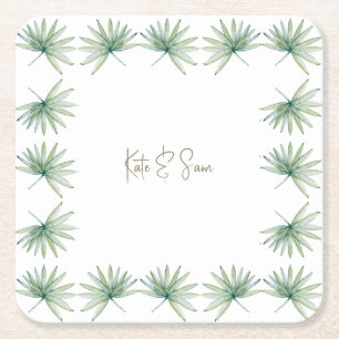 White Personalized Names Tropical Palm Wedding Square Paper Coaster