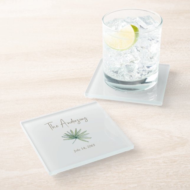 White Personalized Tropical Wedding  Glass Coaster (Angled)