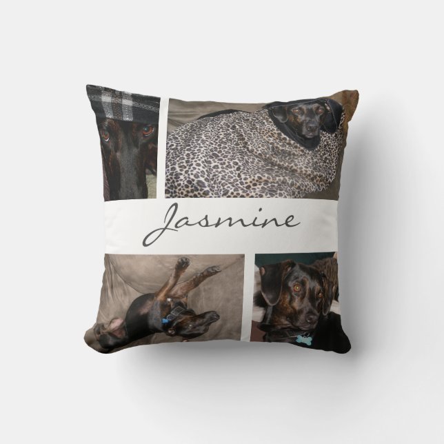 White Pet Photo Collage Monogrammed Throw Pillow (Front)