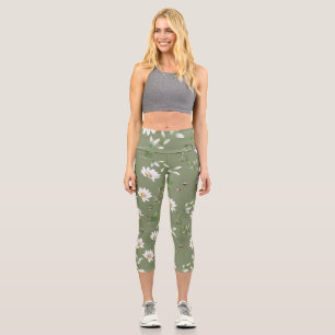 White petal flower on olive green background capri leggings