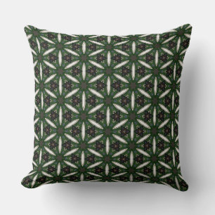 White Petals Flower over Green Pattern Throw Pillow