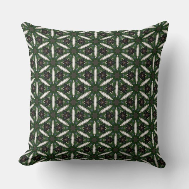 White Petals Flower over Green Pattern Throw Pillow (Front)