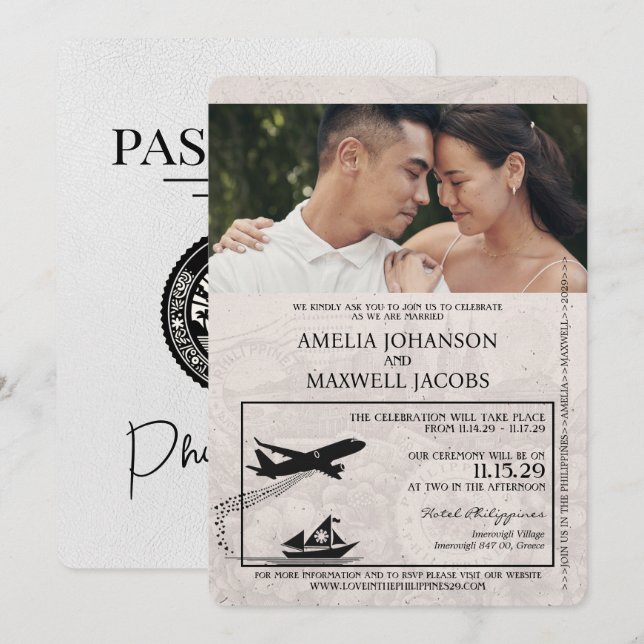 White Philippines Passport Wedding Invitation (Front/Back)