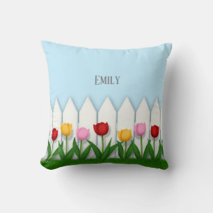 White Picket Fence With Tulips Personalized Throw Pillow