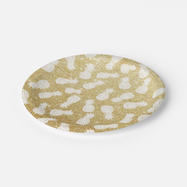 white pineapple pattern on gold glitter paper plate (Angled)