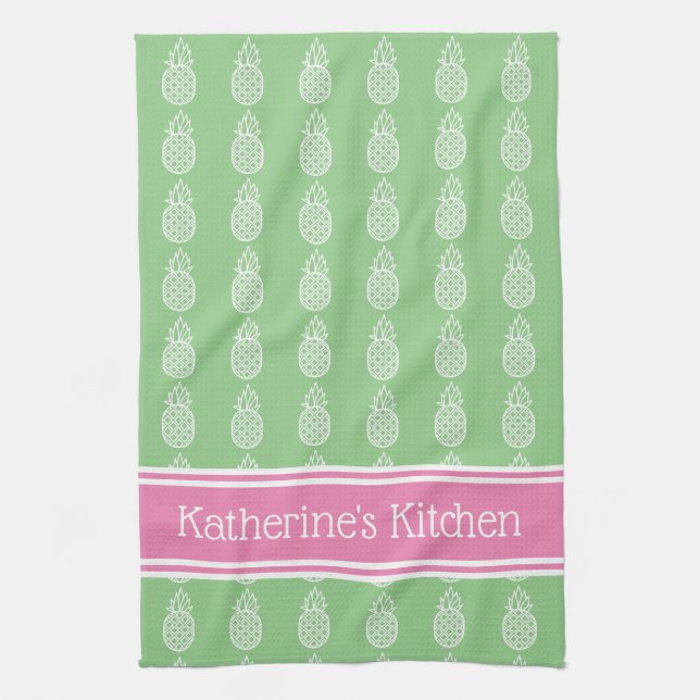 White Pineapples on Green with Pink Stripe Kitchen Towel (Vertical)