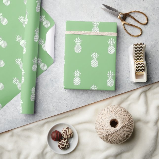 White Pineapples on Sage Green Wrapping Paper (Crafts)